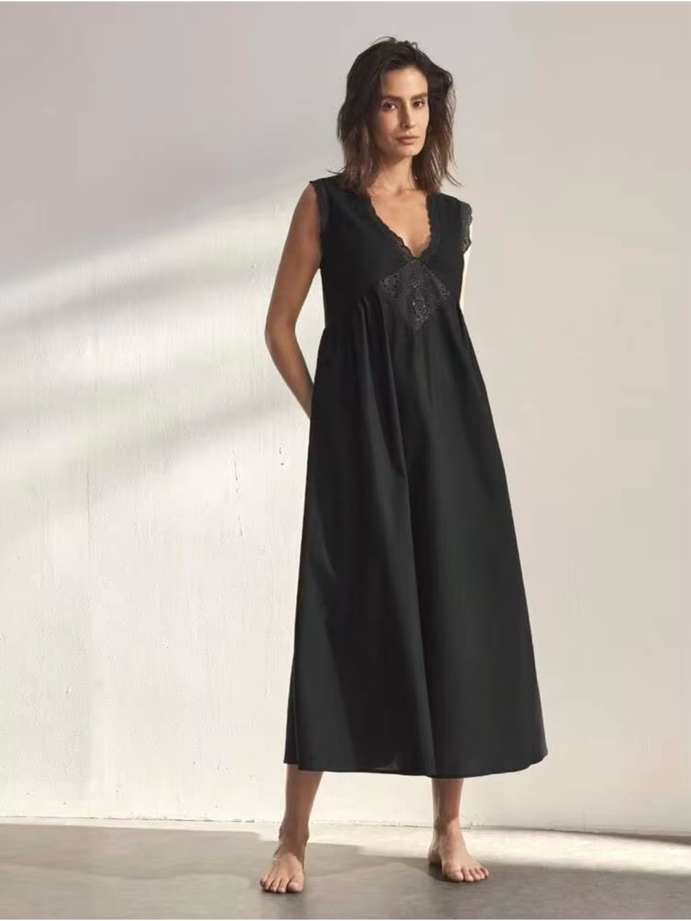 Black Boho Embroidered Eyelet V-Neck Midi Dress | Size S